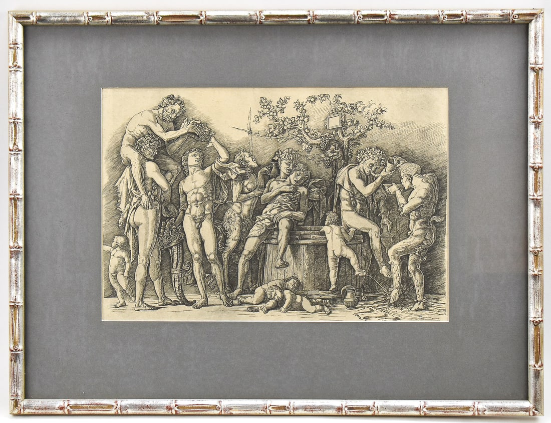 ANDREA MANTEGNA 'BACCHANAL WITH A WINE VAT' ENGRAVING: Engraving on paper featuring Andrea Mantegna's "Bacchanal with a Wine Vat". Art measures 10.5" H x 15.5" W presented in a frame measuring 18" H x 23.5" W x 1" D.