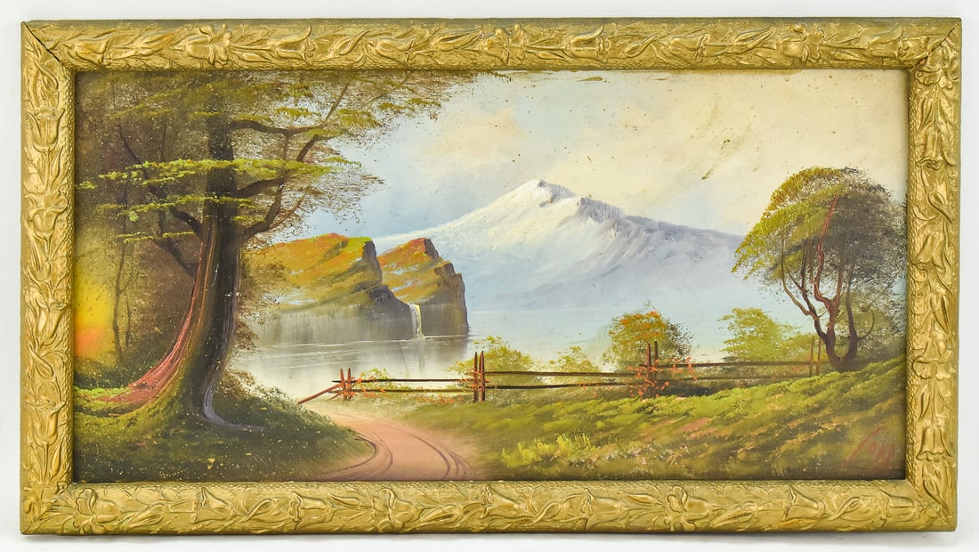 LAKESIDE LANDSCAPE OIL PAINTING BY HARRY LEONARD LOPP: Original lakeside landscape oil painting on board by listed Oregon artist, Harry Leonard Lopp (1888 â€“ 1974), signed lower right. Art measures 11.5" H x 23" W, presented in a frame