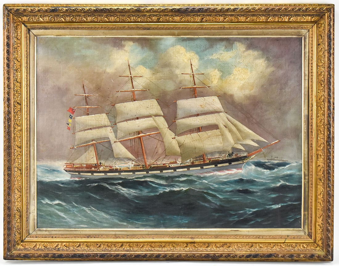 BRITISH SAILING SHIP 'AGNES OSWALD' OIL PAINTING: Original oil painting on canvas featuring the 1876 iron three-masted full rig British sailing ship "Agnes Oswald", as noted on the side of the boat, "Commander John P. Phillips", as noted on the