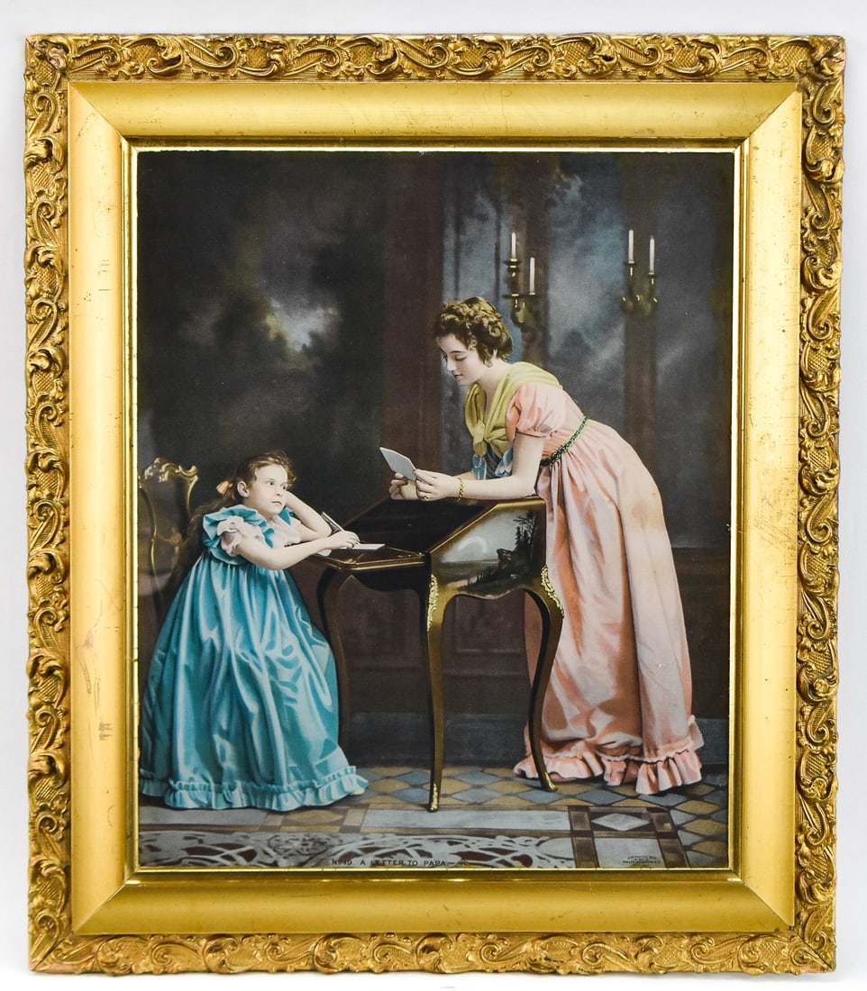 'A LETTER TO PAPA' LITHOGRAPH BY MULLER, LUCHSINGER & CO.: Lithographic print on paper "A Letter to Papa", published by Muller, Luchsinger & Co., New York, circa 1900. Art measures 17" H x 14" W presented in a frame measuring 22.5" H x 19" W x 1" D.