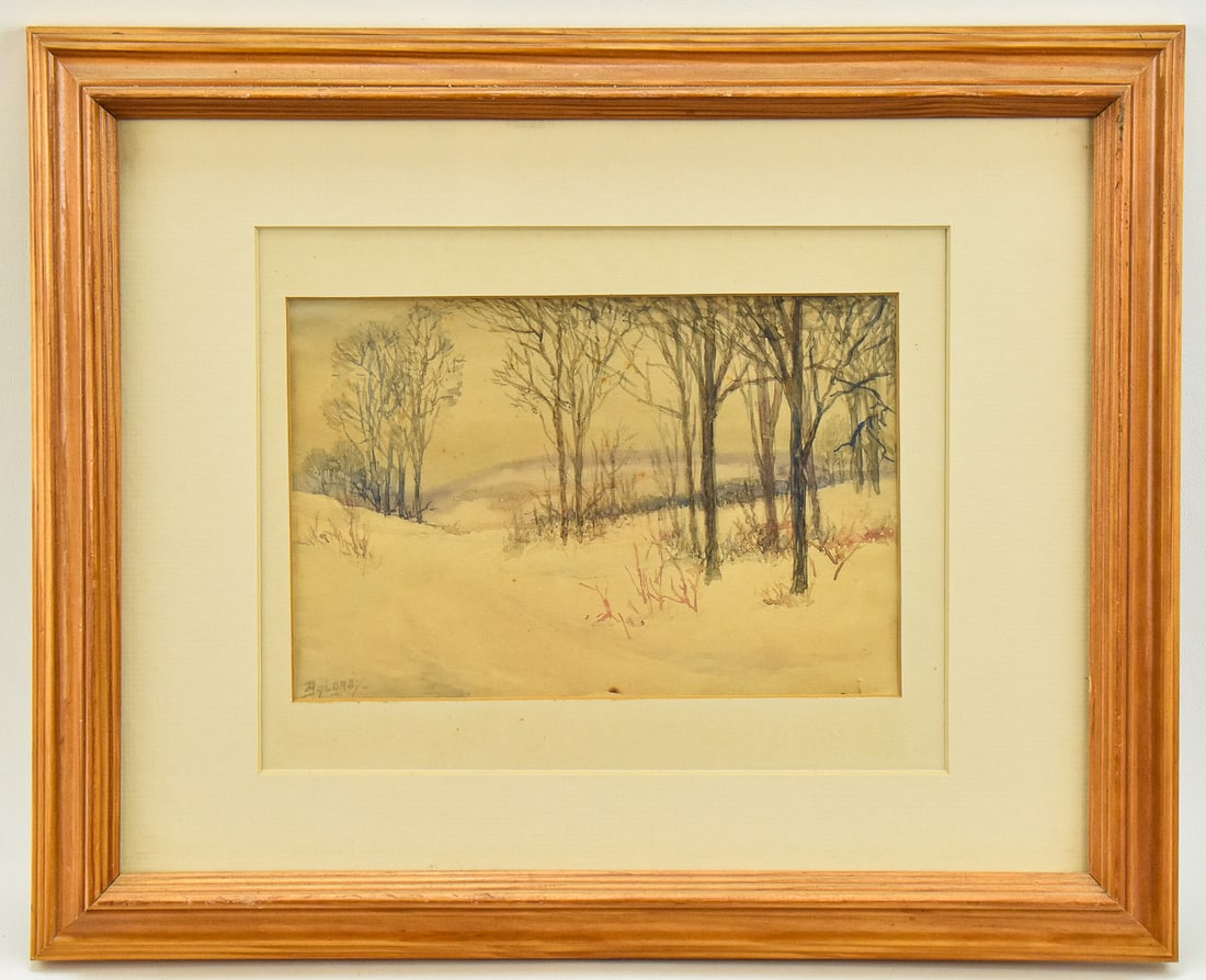 HAYNSWORTH BALDREY 'WINTER LANDSCAPE' WATERCOLOR PAINTING: Original winter landscape watercolor painting on paper by listed artist, Haynsworth Baldrey (NY, 1885-1946), signed lower left, circa 1938, as noted on the verso. Art measures 5.5" H x 8.5" W