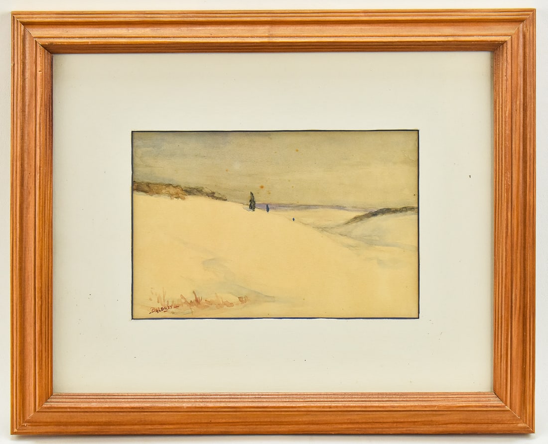 HAYNSWORTH BALDREY 'DESOLATION' EXHIBITED WATERCOLOR PAINTING: Original exhibited watercolor painting on paper by listed artist, Haynsworth Baldrey (NY, 1885-1946), signed lower left, titled "Desolation" on the verso, circa 1938. Art measures 5.5" H x 8.5" W
