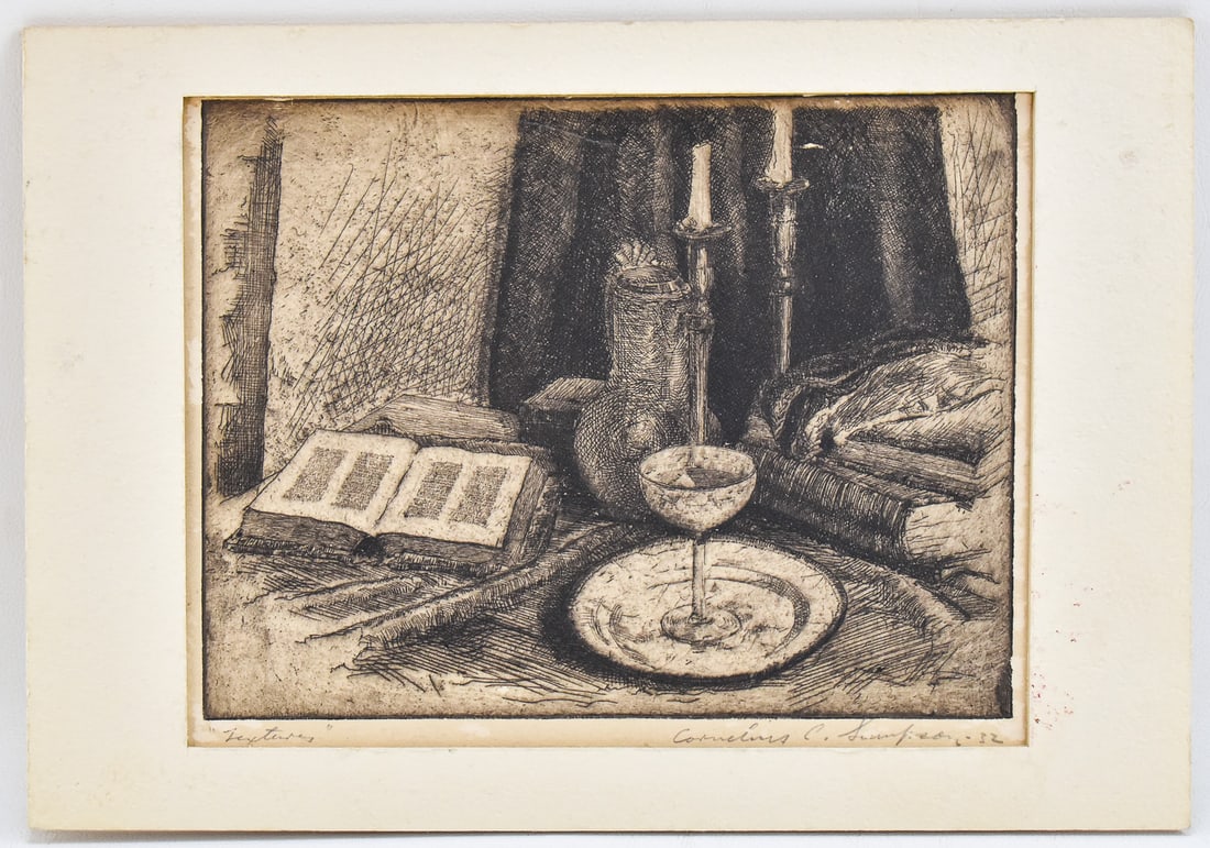 CORNELIUS COGSWELL SAMPSON 'TEXTURES' ETCHING: Etching on paper by listed artist, Cornelius Cogswell Sampson (MT, CA, 1907-1978), signed lower right and titled "Textures", lower left. Art measures 5.5" H x 7" W, matted 7" H x 10" W.