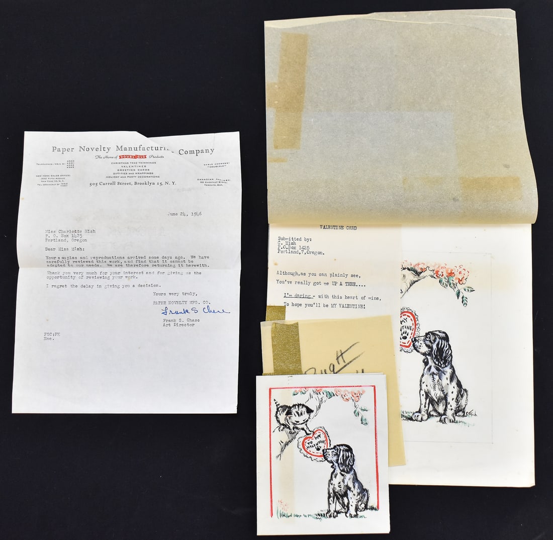 CHARLOTTE MISH VALENTINE POSTCARD SAMPLE: A Charlotte Mish (listed Oregon artist; 1903-1974) Valentine postcard sample submitted to Paper Novelty Manufacturing Company with a return rejection letter dated 1946. The item measures 0.5" H, 10"