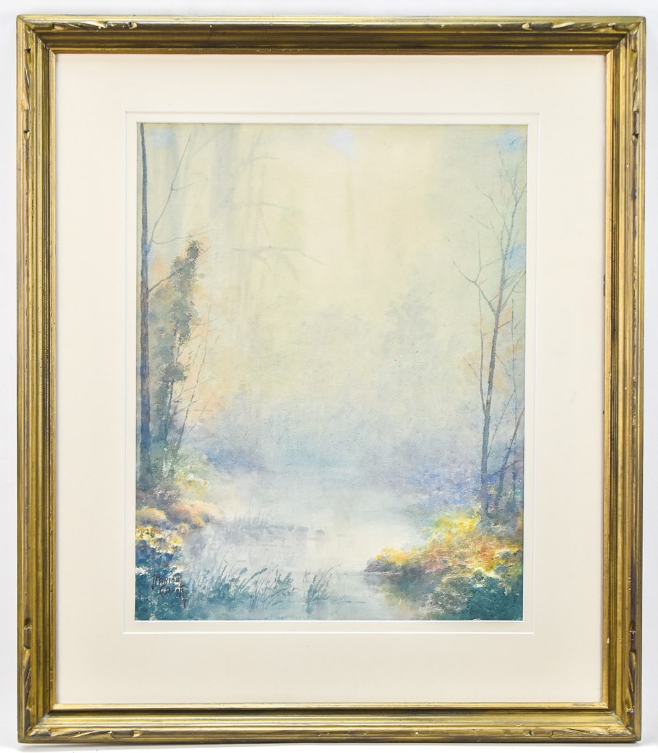 JOHN MARION CROOK 'MISTY LANDSCAPE' WATERCOLOR: Original watercolor painting on paper by listed Oregon artist, John Marion Crook (1857 - 1924), signed lower left and titled "Misty Landscape" on the verso. Art measures 15.5" H x