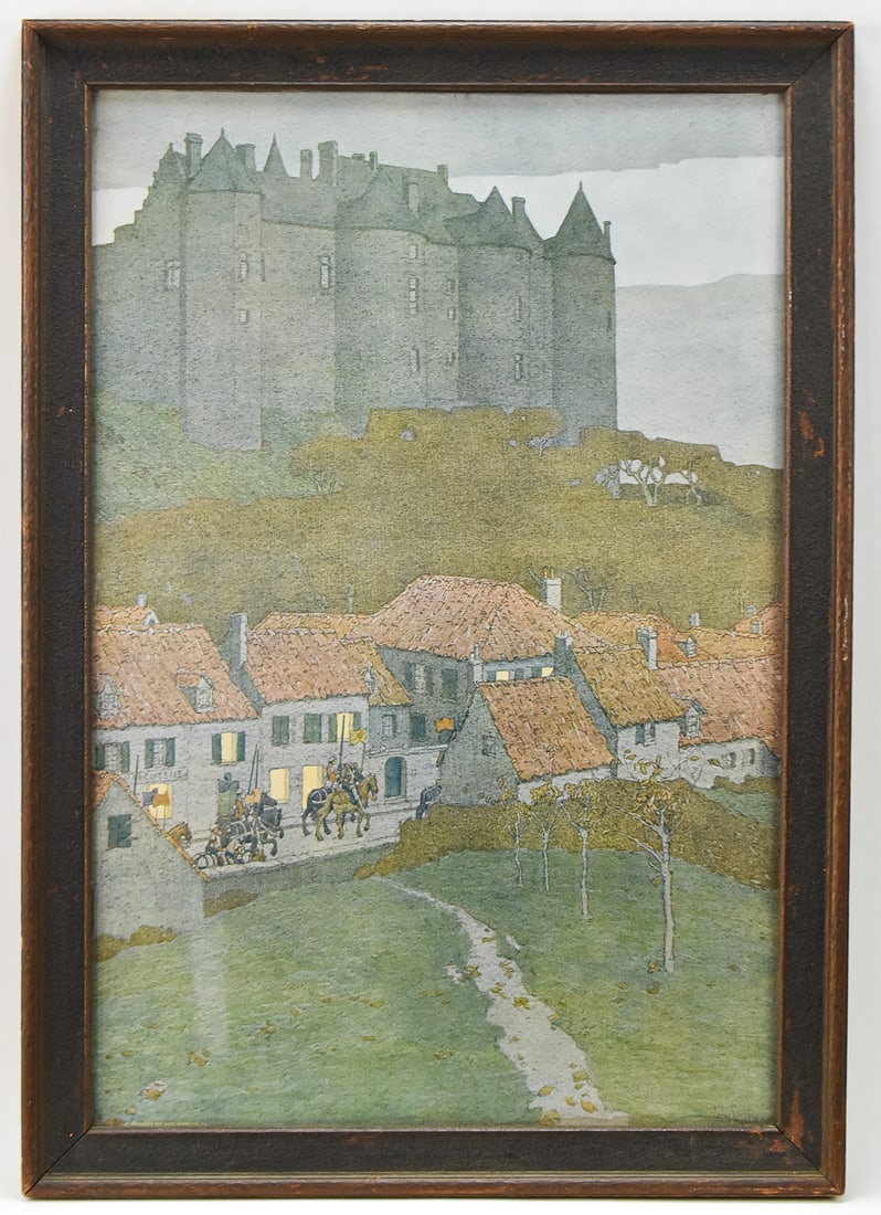 CHATEAU CHAUMONT, FRANCE LITHOGRAPH BY JULES GUERIN: Lithographic print on paper by listed artist, Jules Guerin featuring Chateau Chaumont in France. Art measures 23.5" H x 15.5" W presented in a frame measuring 27" H x 18.5" W x 1" D.