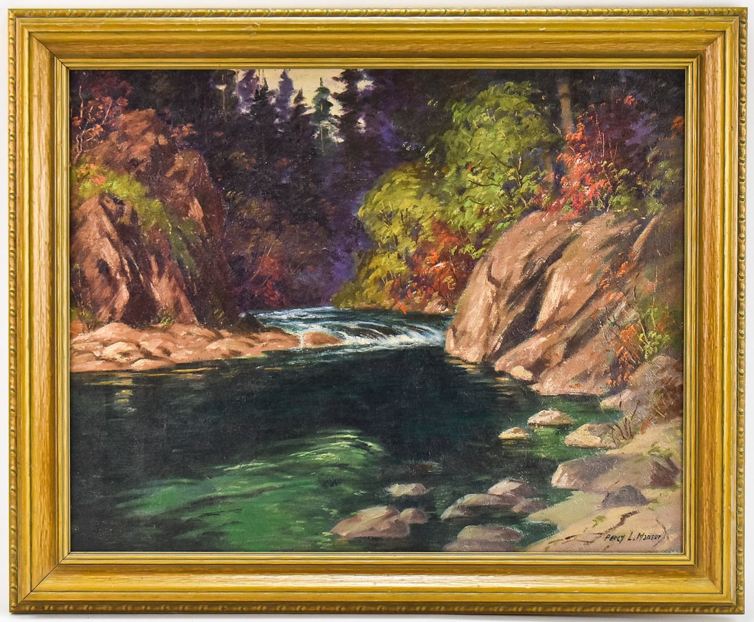 PERCY MANSER 'COLUMBIA LOWLANDS, AUTUMN' OIL PAINTING: Original oil painting on canvas by listed artist, Percy L. Manser (Oregon, England, 1886-1973), signed lower right and titled on the verso "Columbia Lowlands, Autumn", dated 1931. Art measures 19.5"