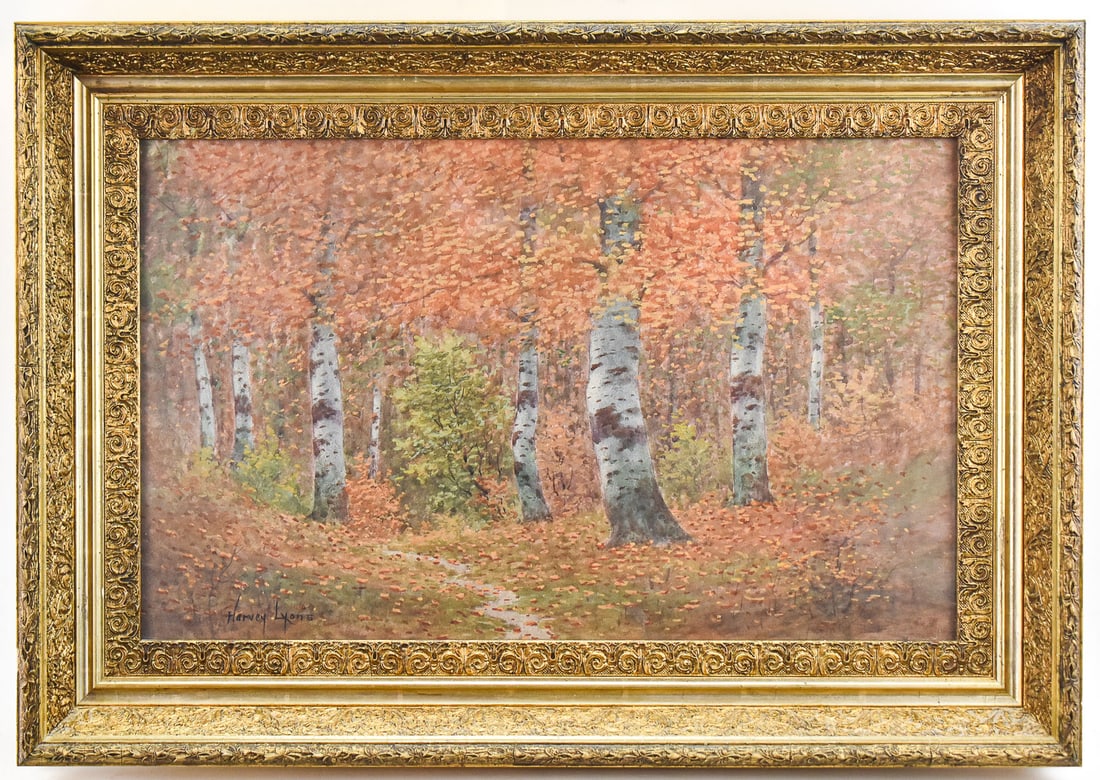 HARVEY LYONS 'AUTUMN LANDSCAPE' WATERCOLOR PAINTING: Original watercolor painting on paper by artist, Harvey Lyons, signed lower left. Features an autumnal birch forest landscape. Art measures 14.5" H x 23.5" W presented in a frame measuring 22" H x
