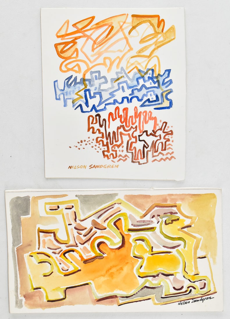 TWO NELSON SANDGREN ABSTRACT WATERCOLOR PAINTINGS: Two original abstract watercolor paintings on paper board by listed Oregon artist, Nelson Sandgren (1917 - 2006), both signed lower right. The largest measures 4.5" H x 8" W x 0.1" D.
