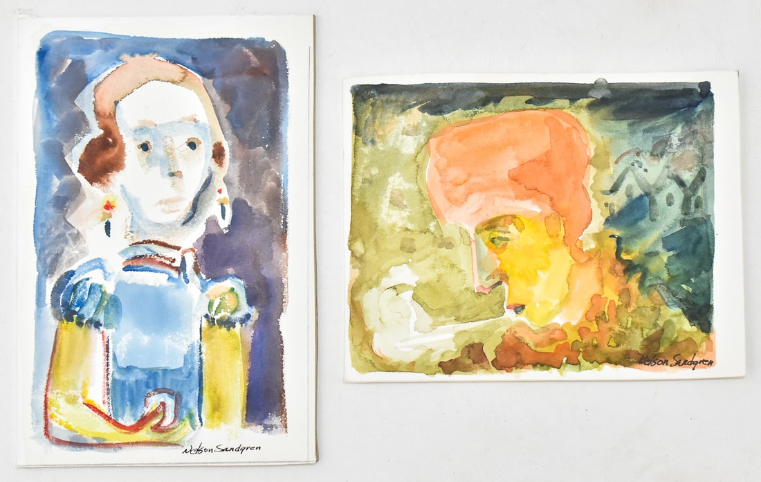 NELSON SANDGREN 'YOUNG PARTYGOER' & 'WINTER DAY' WATERCOLOR PAINTINGS: Two original figural watercolor paintings on paper board by listed Oregon artist, Nelson Sandgren (1917 - 2006), signed lower right, titled "Young PartyGoer" and "Winter Day". "Winter Day" measures