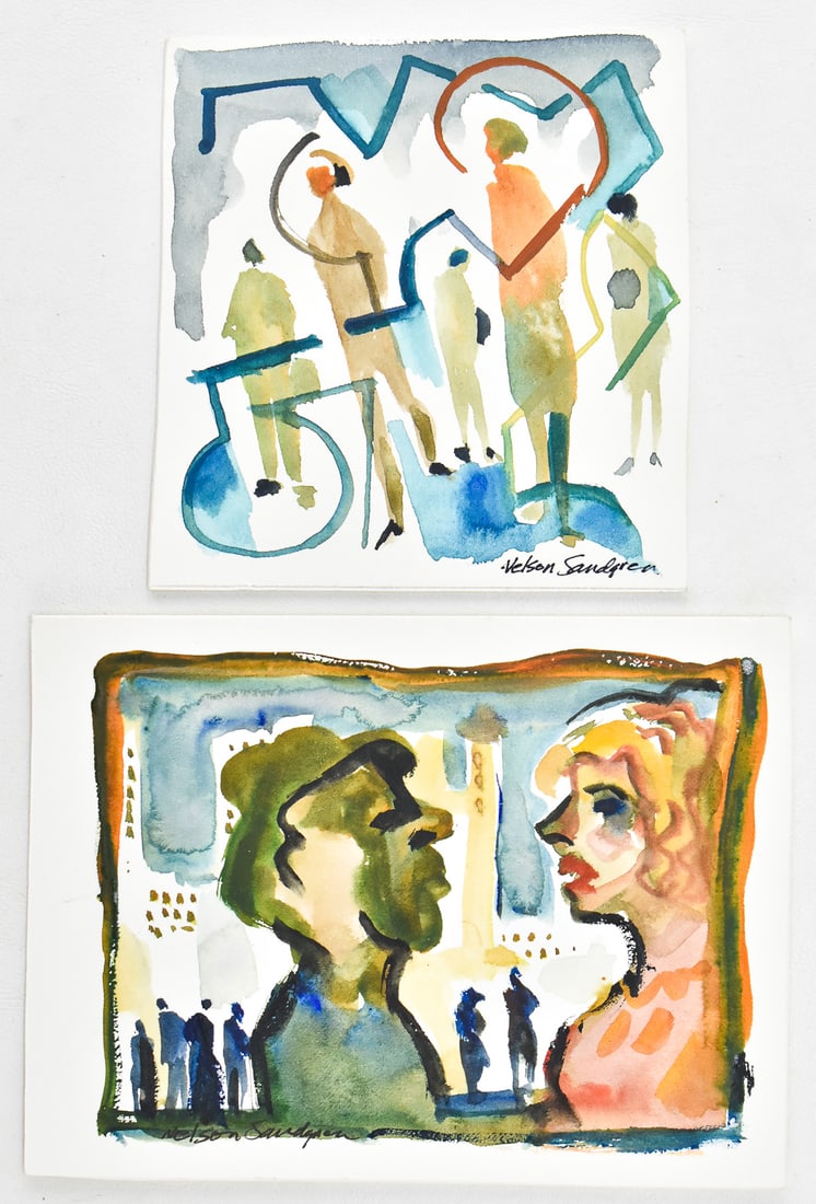 TWO NELSON SANDGREN FIGURAL WATERCOLOR PAINTINGS: Two original figural watercolor paintings on paper board by listed Oregon artist, Nelson Sandgren (1917 - 2006), both signed. The largest measures 5" H x 7" W x 0.1" D.