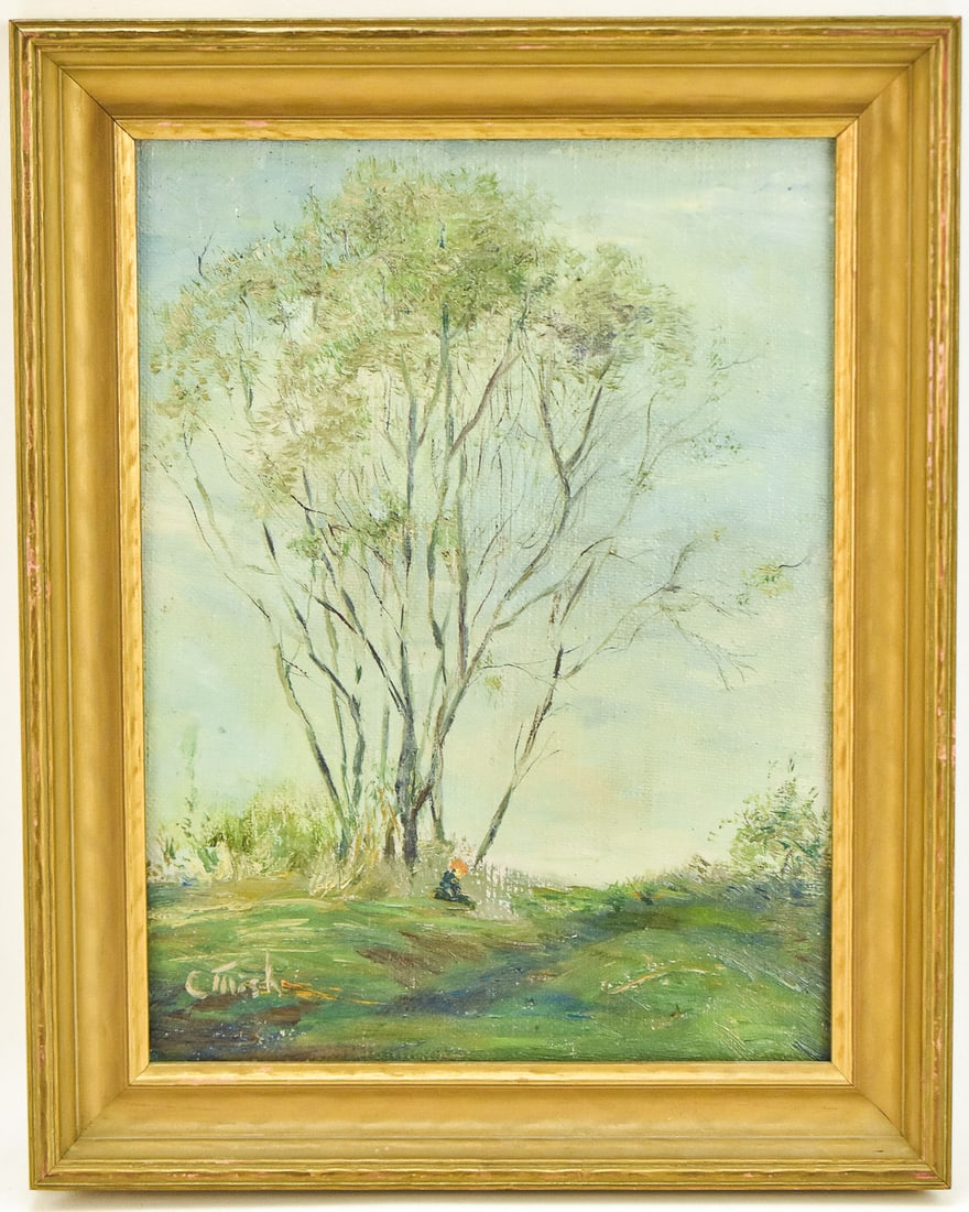 CHARLOTTE MISH 'SPRING DAY' OIL PAINTING: Original landscape oil painting on board by listed Oregon artist, Charlotte Roberta Mish (1903-1974), signed lower left & stamped on the verso "Estate of Charlotte Mish", numbered 68. Art measures