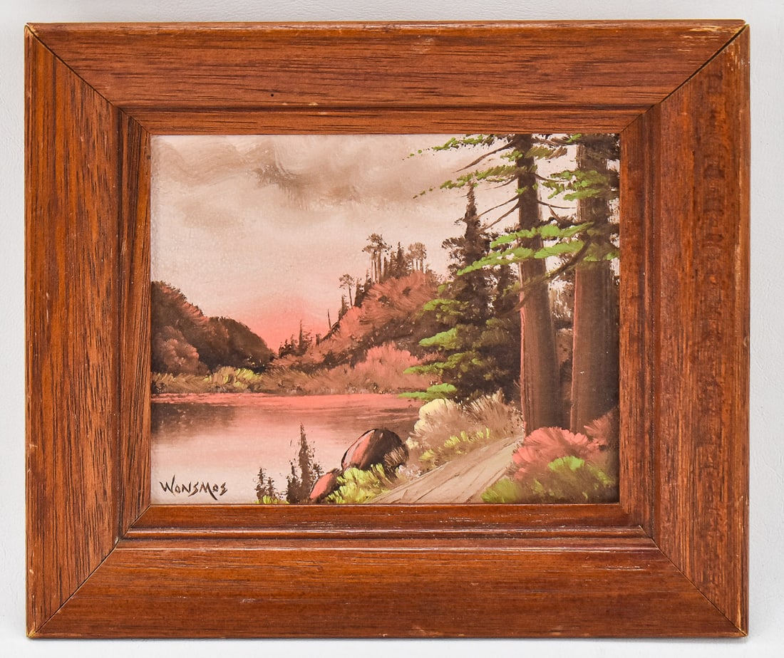 MINNIE WONSMOS LAKESIDE LANDSCAPE OIL PAINTING: Original lakeside landscape oil painting on board by listed Northwest artist, Minnie Wonsmos (OR, 1901-1974), signed lower left. Art measures 4.5" H x 5.5" W mounted in frame measuring 7.5" H x 8.5"