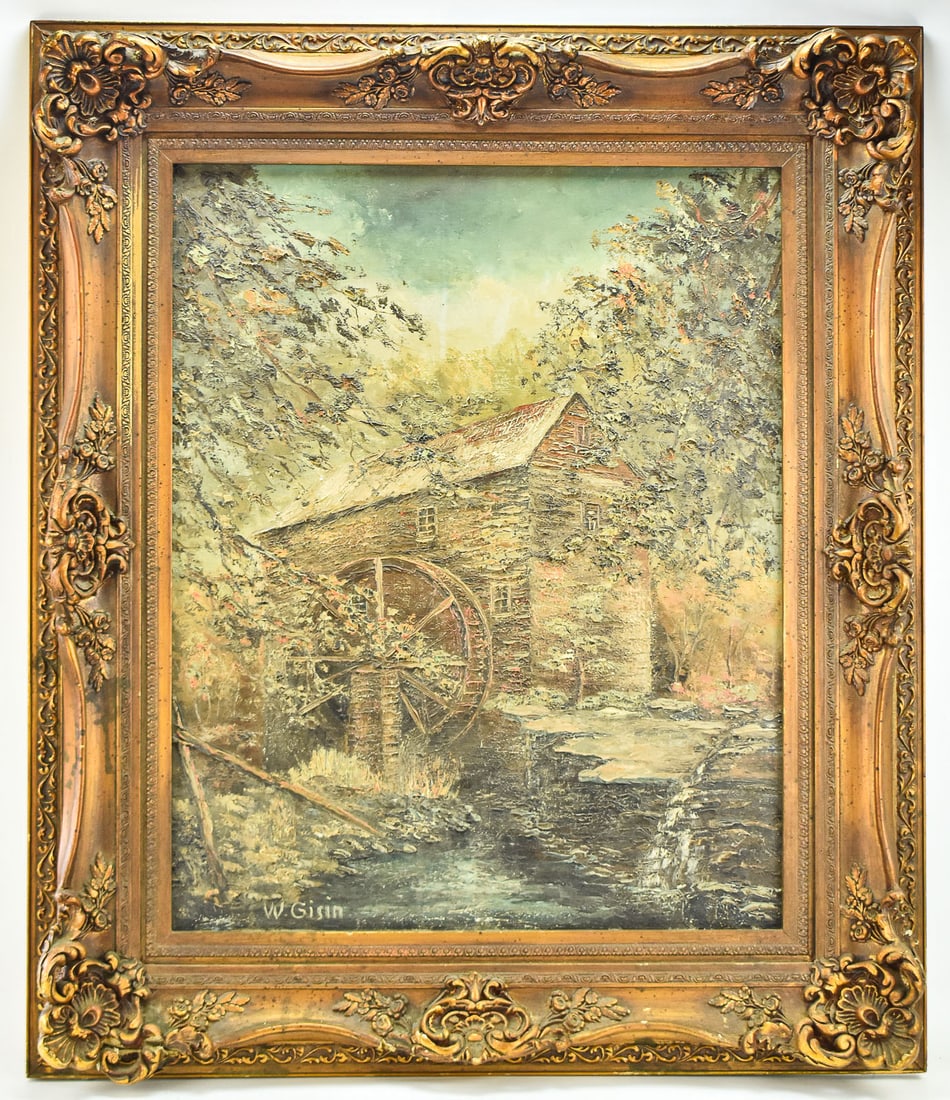 WILLY GISIN 'KENTUCKY GRIST MILL' OIL PAINTING: Original oil painting on board by listed artist, Willy Gisin (1921-2006), signed lower left. Features an old grist mill, possibly near Louisville, Kentucky, as noted on the verso. Art measures 29.5"