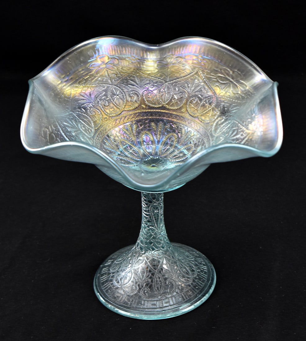 NORTHWOOD 'HEARTS AND FLOWERS' ICE BLUE CARNIVAL GLASS COMPOTE (1 of 2)