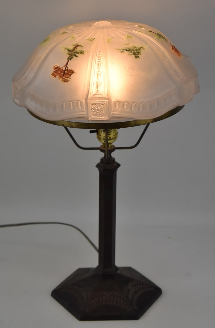 ANTIQUE REVERSE-PAINTED HANDEL BRONZE TABLE LAMP (1 of 4)