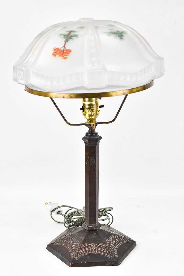 ANTIQUE REVERSE-PAINTED HANDEL BRONZE TABLE LAMP - 4