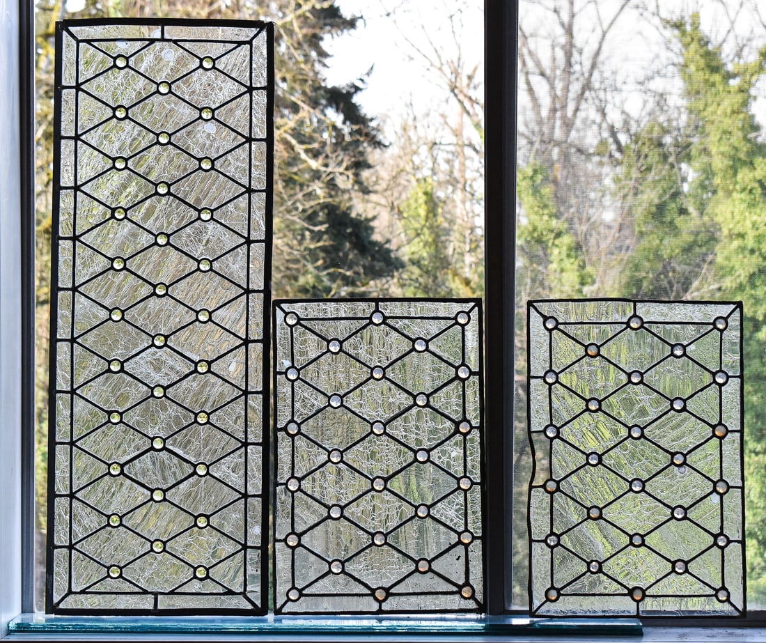 3 DIAMONDS & JEWELS DESIGN STAINED GLASS WINDOW PANELS (1 of 4)