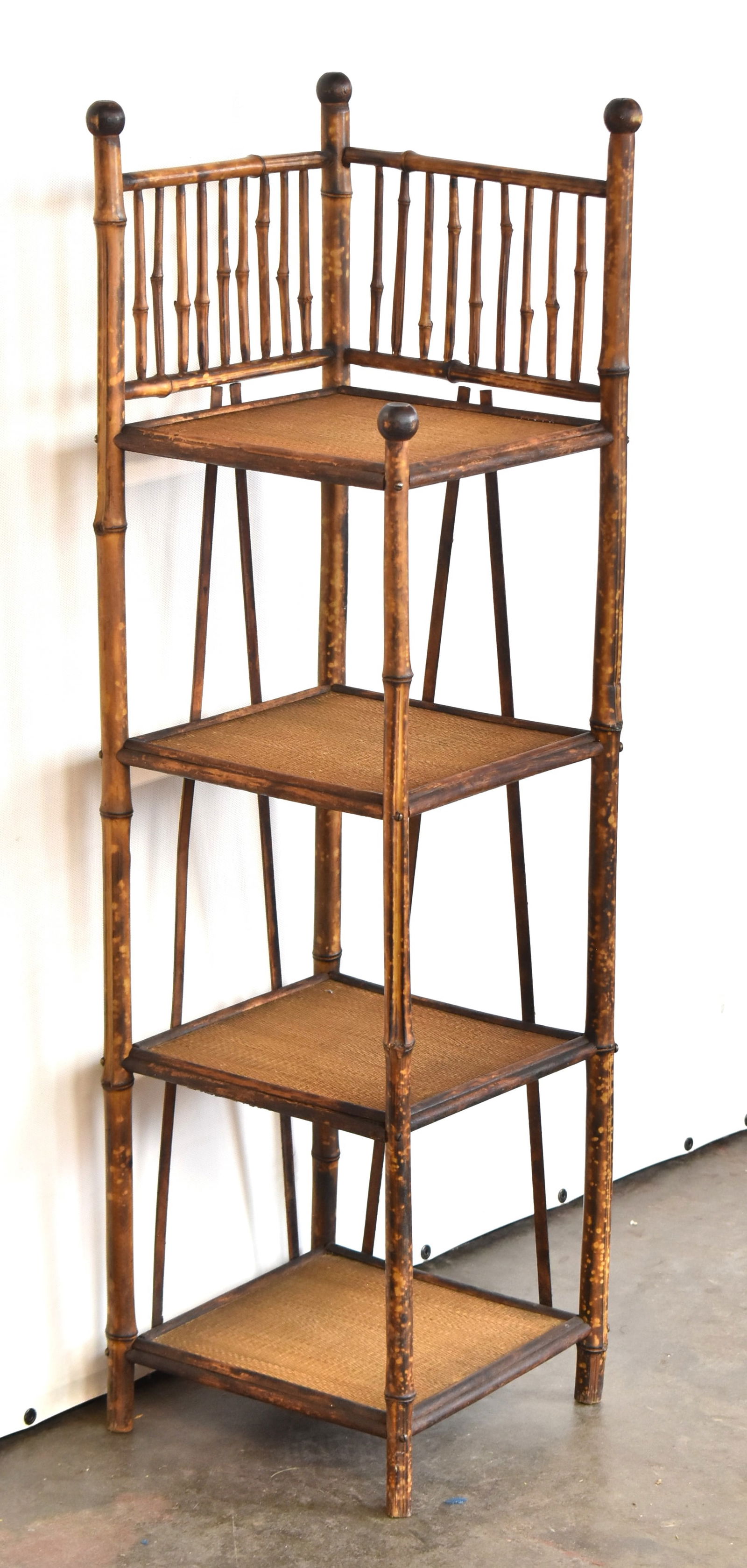 ANTIQUE BURNT BAMBOO FOUR-TIERED CORNER SHELF (1 of 2)