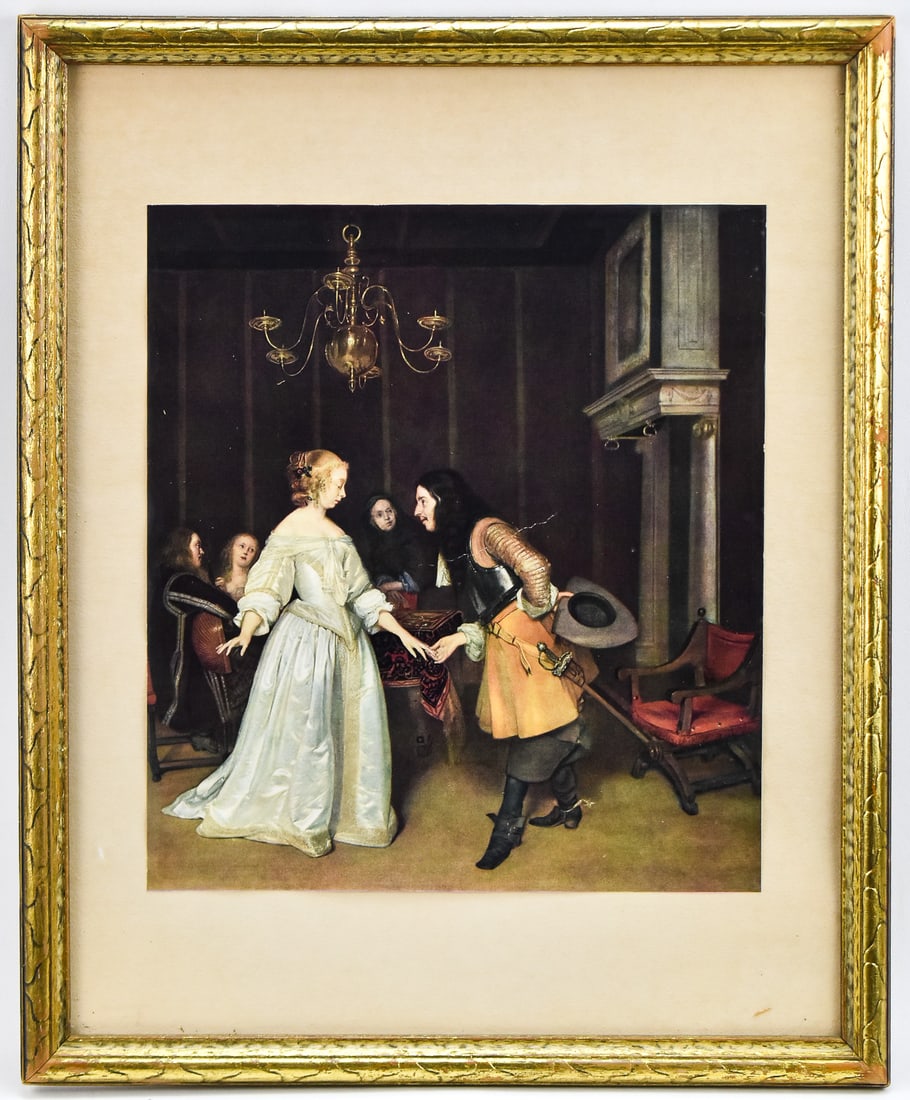 GERARD TER BORCH 'AN OFFICER MAKING HIS BOW TO A COURTESAN' LITHOGRAPH: Lithographic print on paper featuring Gerard ter Borch's "An Officer Making his Bow to a Courtesan". Art measures 13.5" H x 12.5" W presented in a frame measuring 21.5" H x 17.5" W x 1" D.