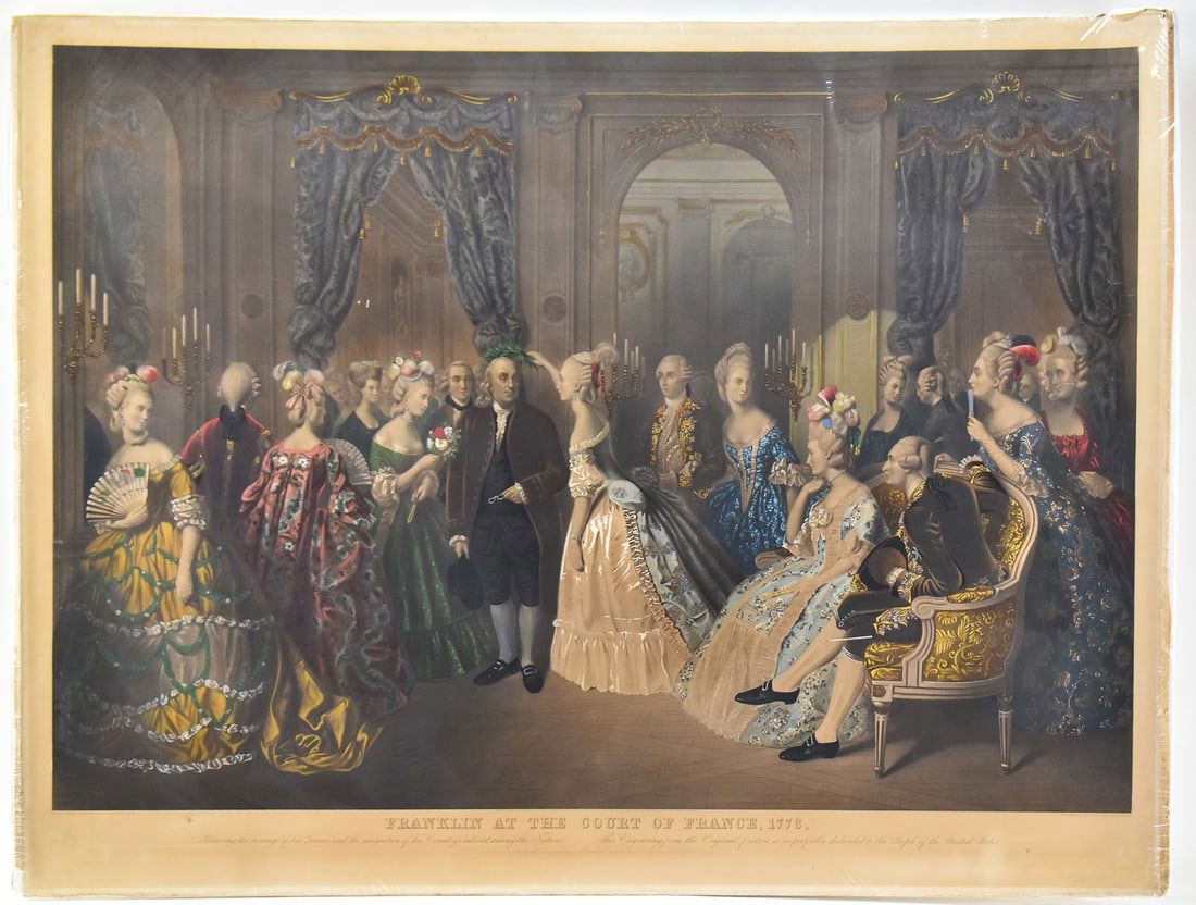 'FRANKLIN AT THE COURT OF FRANCE, 1778' ENGRAVED LITHOGRAPH BY BARON JOLLY: Engraved hand-colored lithographic print proof on fabric paper originally painted by Baron Jolly, Bruxelles and engraved by WO Geller, London. Titled "Franklin at the Court of France, 1778". Art measu