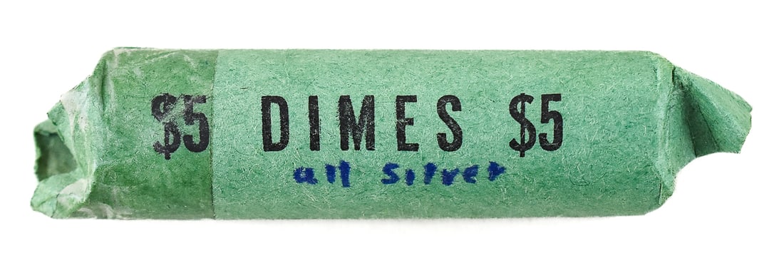 ONE ROLL OF SILVER DIMES: One roll of silver dimes marked "all silver" on the wrapper. This roll is in a non-bank wrapper and has not been searched. This roll of dimes has a weight of 124.8 grams. This lot is as-is as the