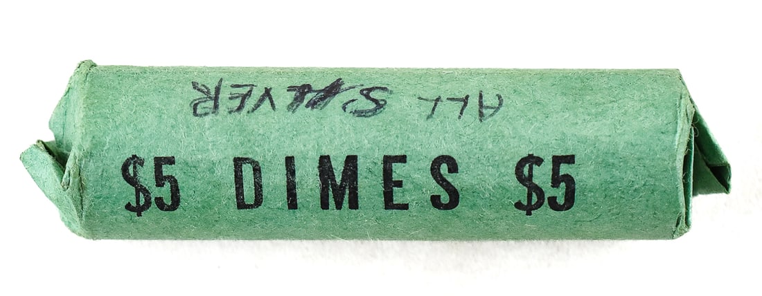 ONE ROLL OF SILVER DIMES: One roll of silver dimes marked "all silver" on the wrapper. This roll is in a non-bank wrapper and has not been searched. This roll of dimes has a weight of 125.2 grams. This lot is as-is as the