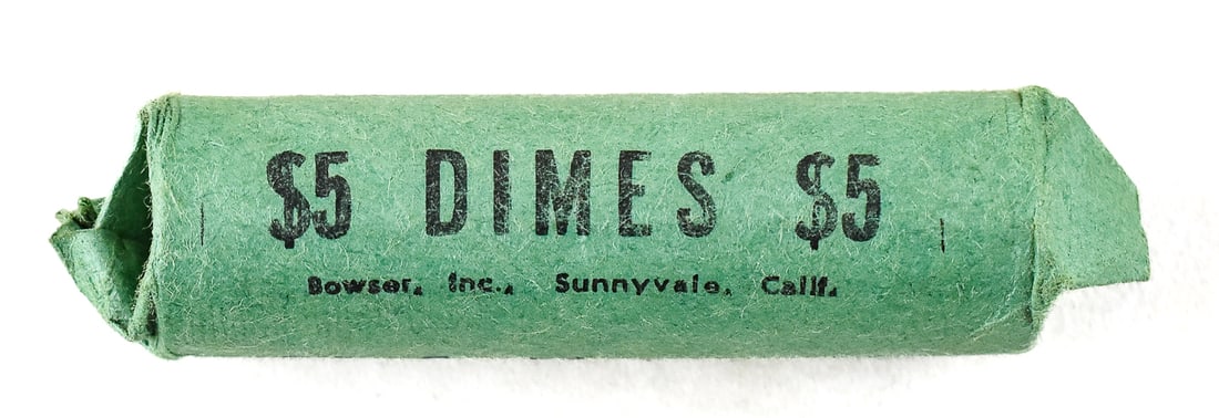 ONE ROLL OF SILVER DIMES: One roll of silver dimes. The roll has the amount from each year of dimes written on the wrapper: 1964-1, 1952-16, 1951-8, 1950-4, 1949-3, 1948-9, 1947-3, 1946-5, and 1945-1. This roll is in a non-ban