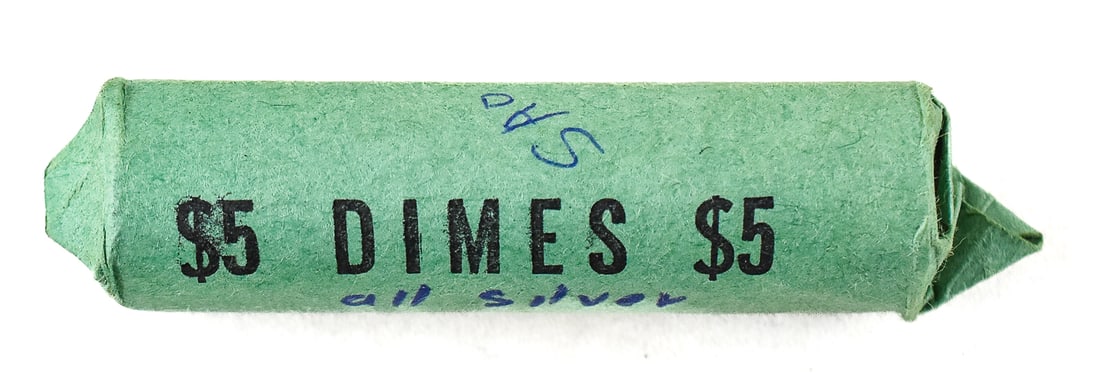ONE ROLL OF SILVER DIMES: One roll of silver dimes marked "all silver" on the wrapper. This roll is in a non-bank wrapper and has not been searched. This roll of dimes has a weight of 125.2 grams. This lot is as-is as the