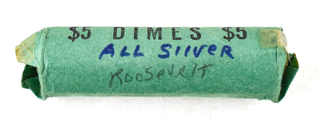 ONE ROLL OF SILVER DIMES: One roll of silver dimes marked "all silver Roosevelt" on the wrapper. This roll is in a non-bank wrapper and has not been searched. This roll of dimes has a weight of 125.5 grams. This lot is as-is