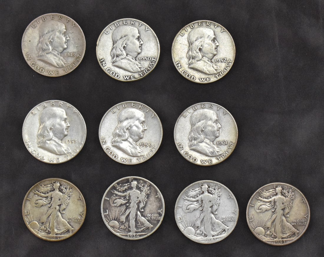 10 FRANKLIN AND WALKING LIBERTY HALF-DOLLARS (1 of 2)