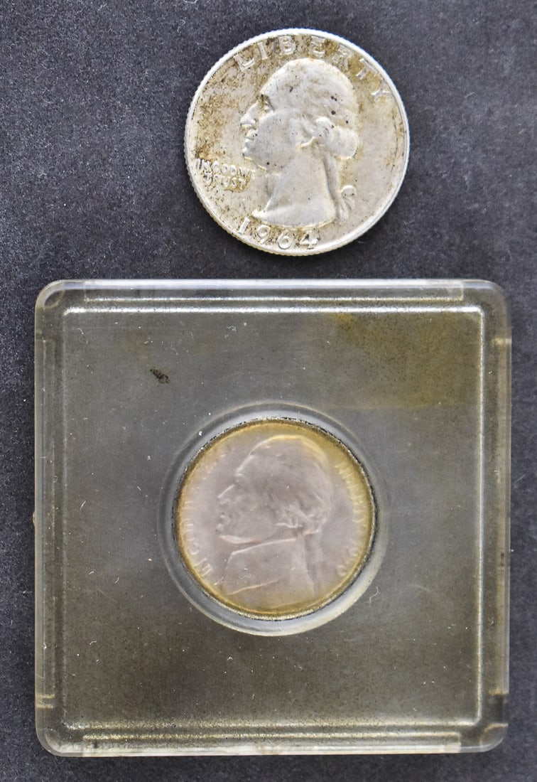1950-D NICKEL & 1964-D WASHINGTON SILVER QUARTER: A 1950-D U.S. nickel, a key date in the Jefferson nickel series with a low mintage of only 2,630,000. The 1950-D nickel is held in a hard plastic coin protector measuring 2" H x 2" W x 0.25" D. Also t