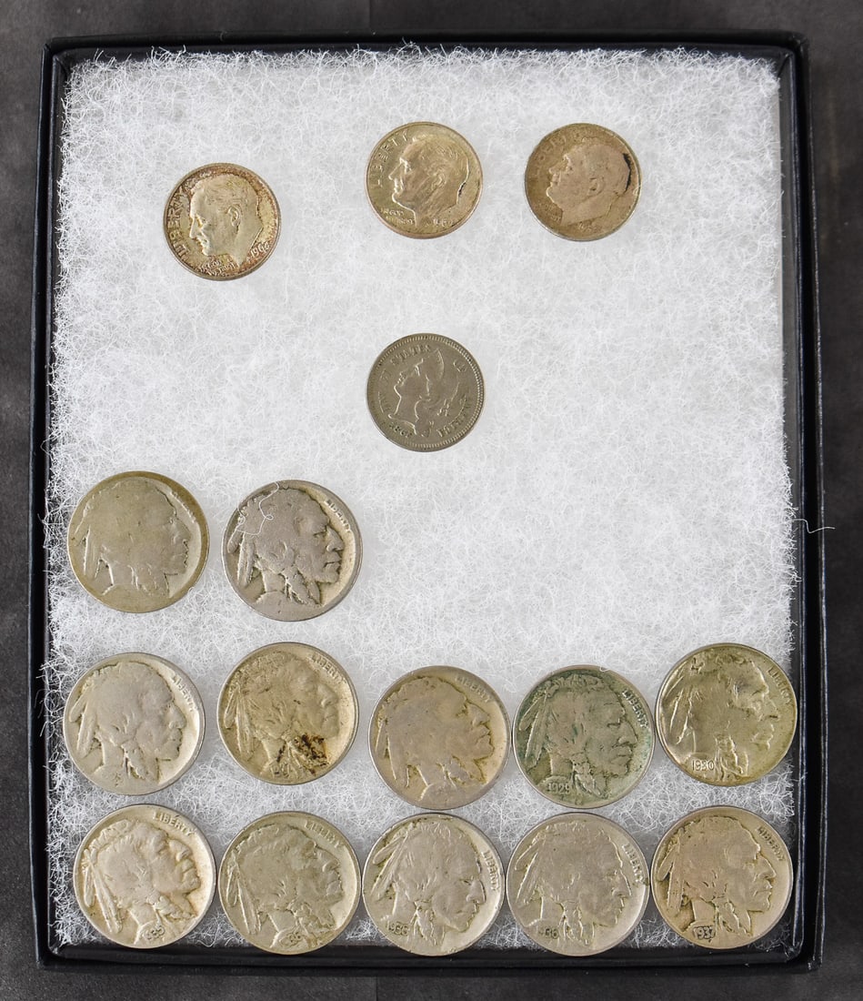 COLLECTIBLE U.S. NICKELS & DIMES: An assortment of collectible U.S. nickels and dimes including an 1865 3-cent nickel, three 90% silver Roosevelt dimes, and 12 buffalo nickels. Two of the buffalo nickels have no discernable date, the