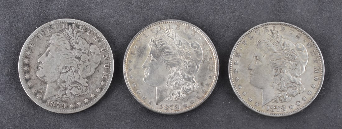 PAIR OF 1878 MORGAN SILVER DOLLARS & AN 1879-O MORGAN SILVER DOLLAR (1 of 2)