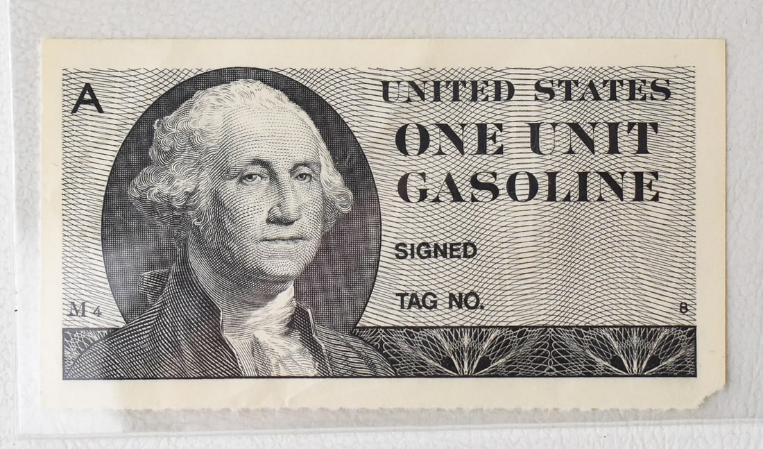 FEDERAL GASOLINE RATION COUPON 1974 ONE UNIT: A federal gasoline ration coupon for one unit of gasoline printed in 1974. As a response to the 1973-1974 energy crisis, the Federal Energy Administration planned a gasoline rationing system and had