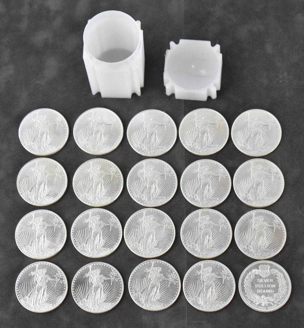 (20) 1 TROY OUNCE .999 SILVER ROUNDS FROM HIGHLAND MINT: A tube of twenty 1 troy ounce .999 silver rounds made by the highland mint. 20 troy ounces in total weight. The rounds come in a tube measuring 3" H x 1.75" W x 1.75" D.