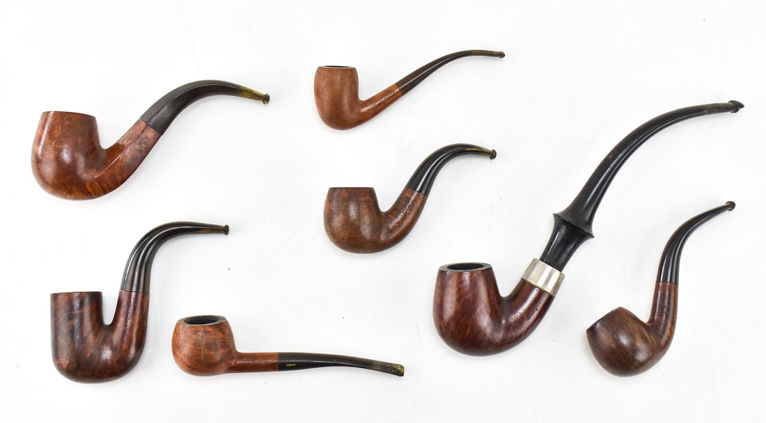 ESTATE PIPE ASSORTMENT: SAVINELLI, WELLINGTON, JOST'S, & BENT BOB'S: This lot includes the following estate pipes: Wellington Nickeloid, Jost's Olde English De Luxe J184 and J255, Jost's Supreme J235 and J230, Bent Bob's 636, and a Savinelli De Luxe 303. The largest