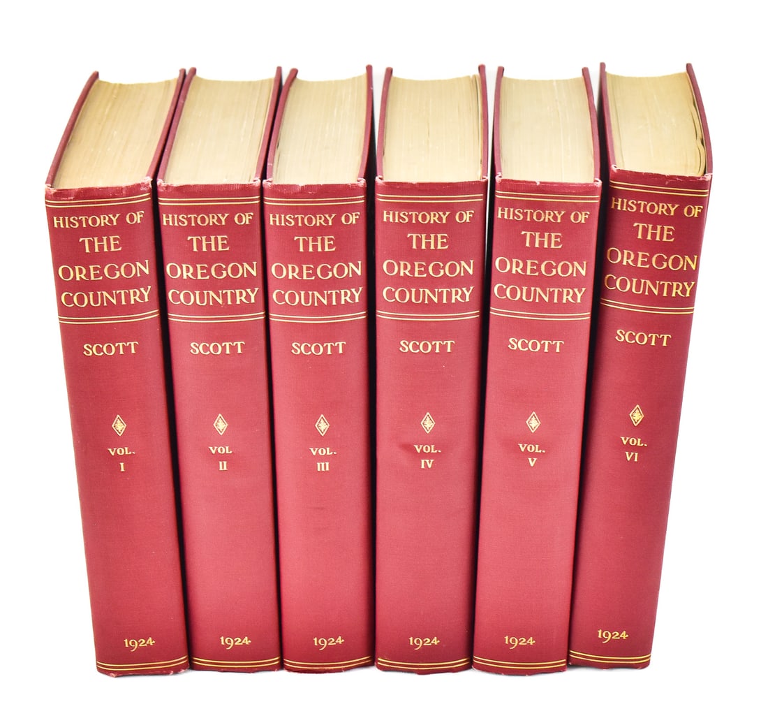 LIMITED EDITION HARVEY SCOTT 'HISTORY OF THE OREGON COUNTRY' SIX VOLUME SET SIGNED LESIE SCOTT: This lot includes Harvey W. Scott "History of the Oregon Country" limited Pioneer Edition No. 119 of 500 in six volumes compiled in 1924. The first volume is signed by Leslie M. Scott. The item