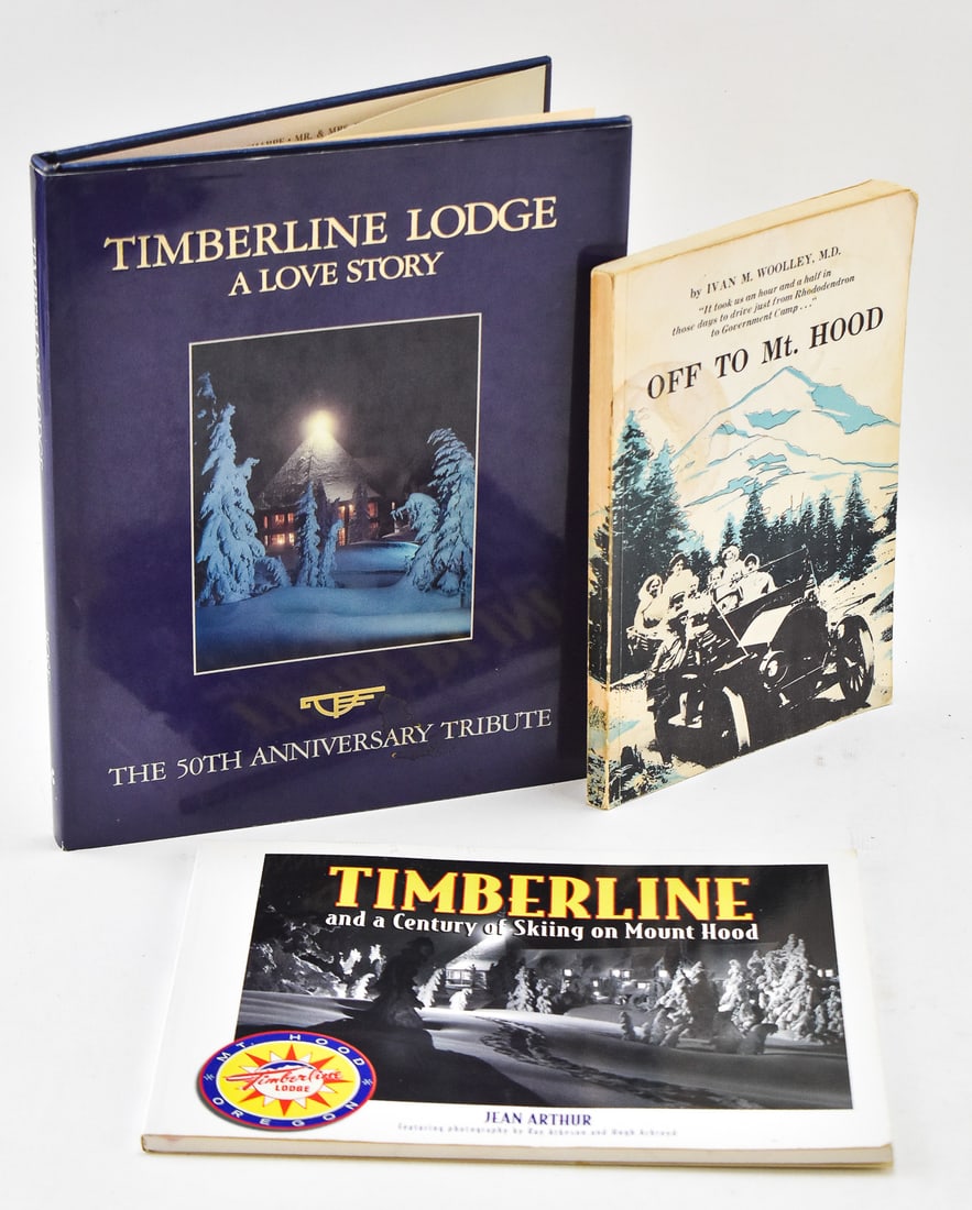 MOUNT HOOD RELATED BOOKS: FIRST EDITION 'TIMBERLINE AND A CENTURY OF SKIING ON MOUNT HOOD' & MORE: This lot includes the following books related to Mount Hood: Ivan M. Woolley "Off to Mt. Hood" published by the Oregon Historical Society in 1959, Jean Arthur "Timberline and a Century of Skiing on