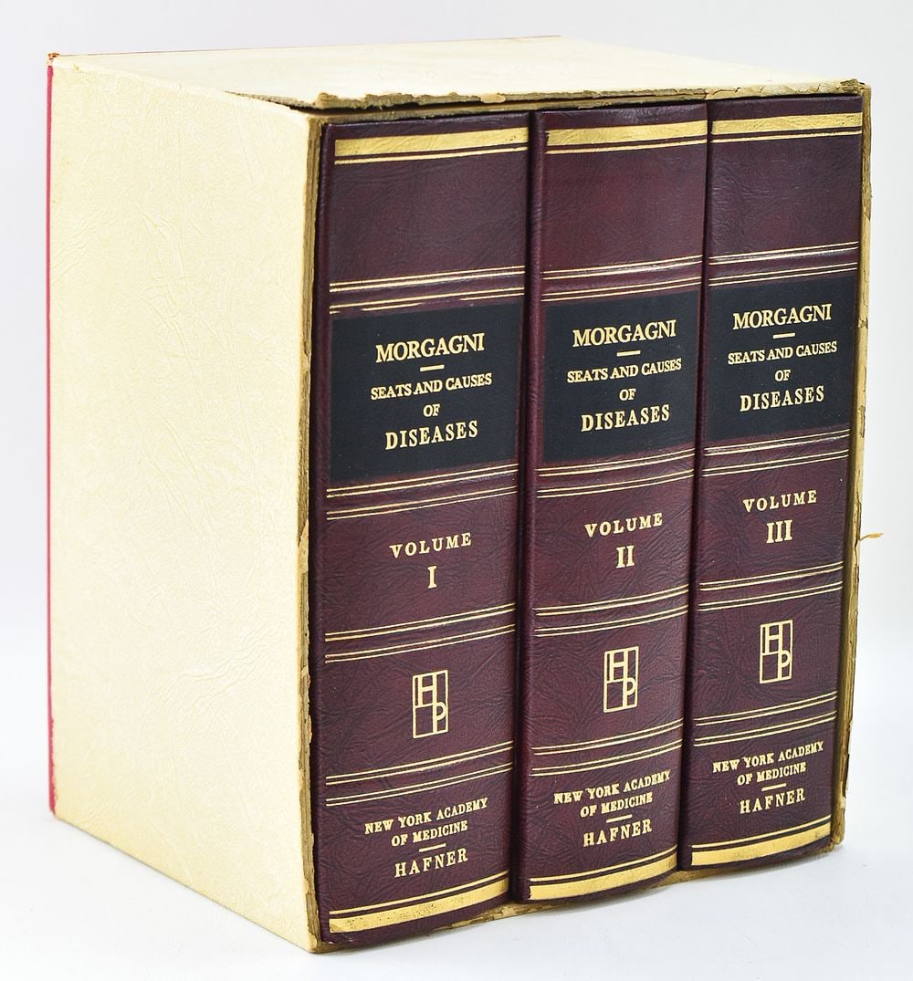 MORGAGNI 'THE SEATS AND CAUSES OF DISEASES' THREE VOLUME SET: This lot includes the following three volume set from the library of Dr. Richard Slavin: Giovanni Battista Morgagni "The Seats and Causes of Diseases" published by Hafner, circa 1980s. The l