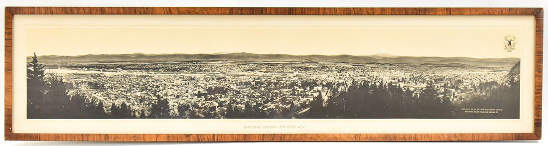 1911-1912 ELKS BPOE 'THE ROSE CITY' PORTLAND, OREGON YARD LONG LITHOGRAPH: 1911-1912 yard long lithograph featuring "The Rose City", Portland, Oregon for B.P.O.E. Elks Grand Lodge Reunion by Western Illustration Service. Art measures 7.5" H x 34" W x 1" D.