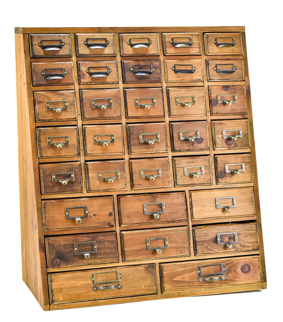 EARLY 20TH CENTURY STYLE WALL-HANGING SLANTED FRONT SORTING CABINET (1 of 2)