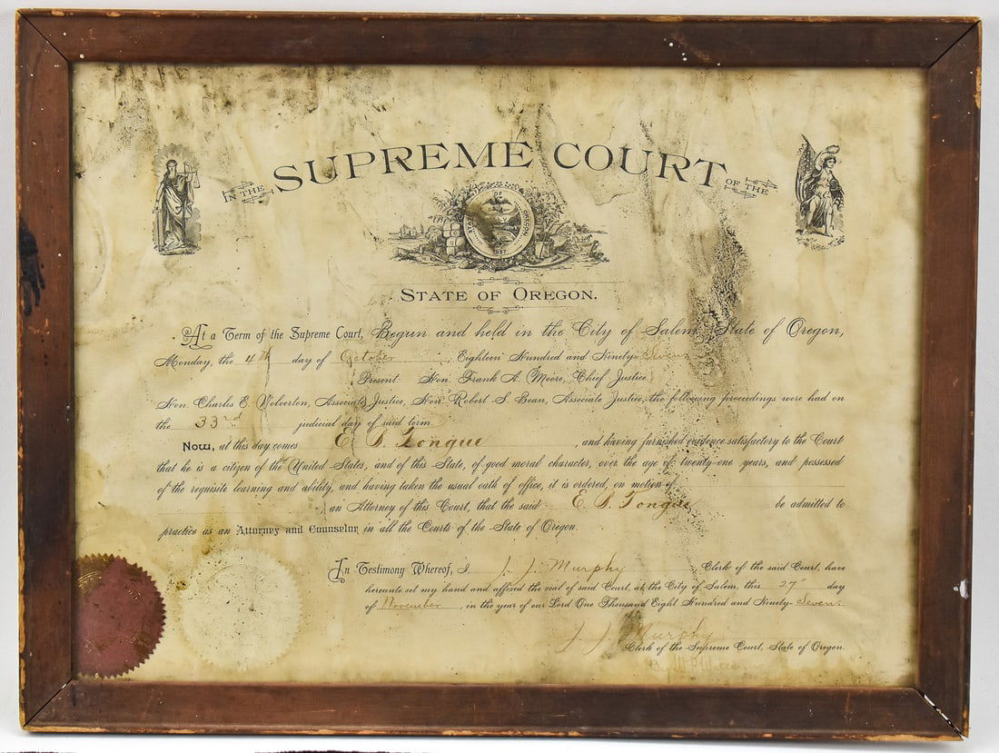 FRAMED 1897 STATE OF OREGON ATTORNEY LICENSE (1 of 2)