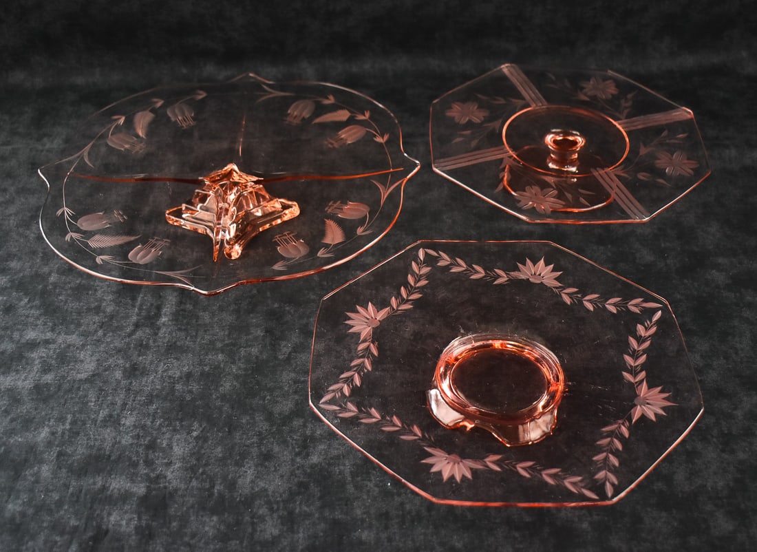 THREE ETCHED PINK DEPRESSION GLASS: CAKE STANDS & SERVERS (1 of 3)