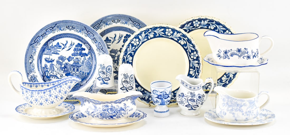 ASSORTMENT OF BLUE ON WHITE CHINAWARE, CHURCHILL, GRINDLEY, SPODE, JOHNSON BROS., AND MORE. (1 of 4)