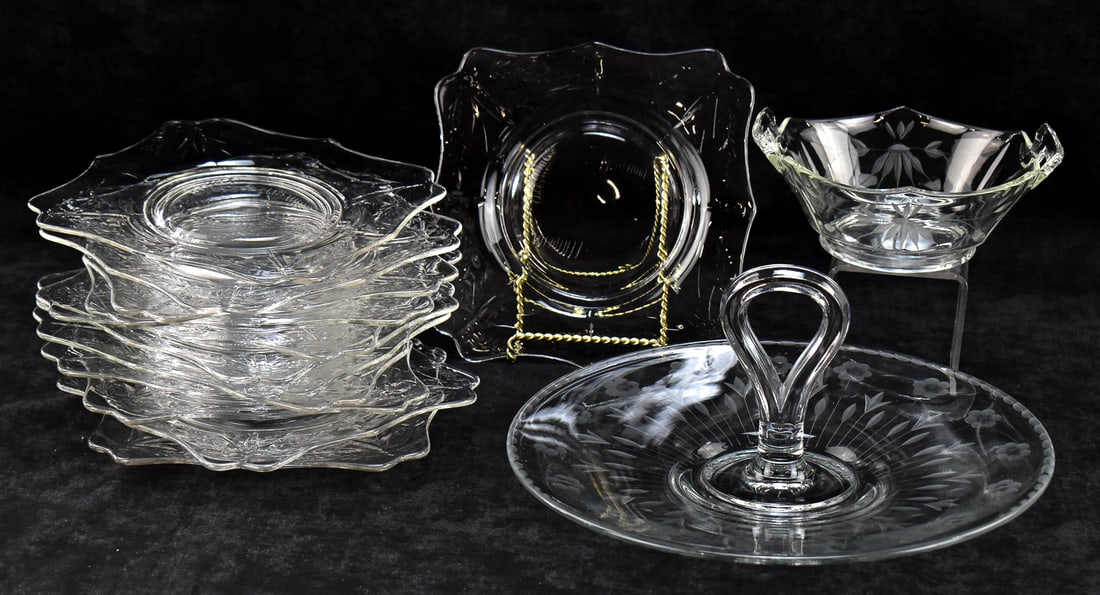 ETCHED GLASS SERVING TRAY, ETCHED GLASS BOWL, & 12 DESSERT PLATES (1 of 2)