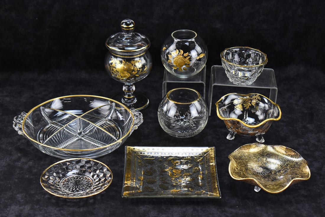 CLEAR AND GOLD-PATTERN GLASSWARE: JEANETTE GLASS, GEORGES BRIARD, & MORE (1 of 3)
