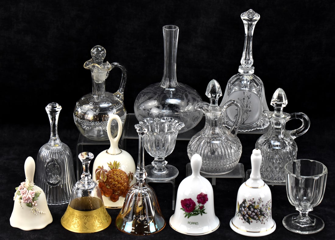 ASSORTMENT OF GLASS BELLS, EGG CUPS, CRUETS, & A VASE (1 of 4)