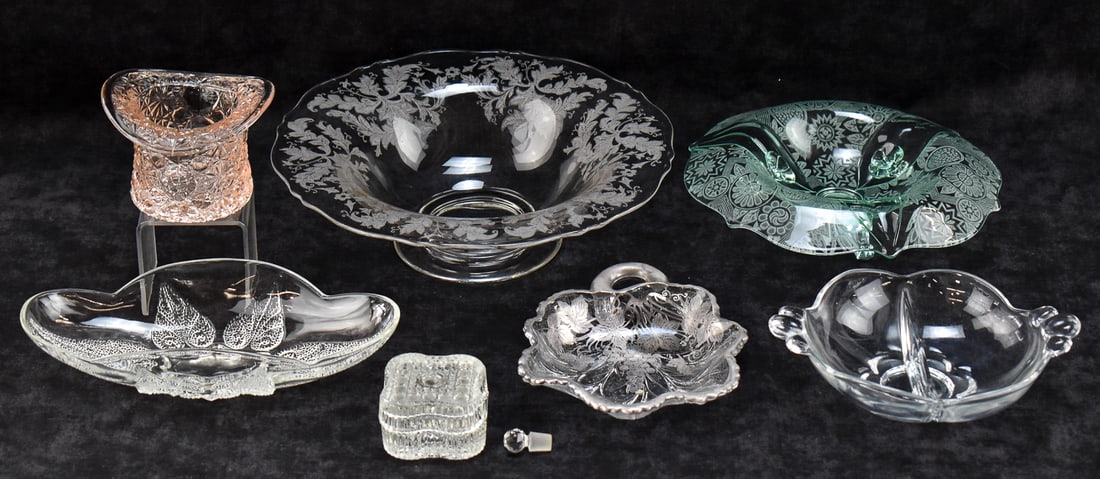 PATTERN & ETCHED GLASS BOWLS: A collection of patterned glass and etched glass bowls including a leaf design dish with silver overlay, a leaf design relish dish, a Fenton "Daisy & Button" pink glass hat bowl, a D. Miller "Cant