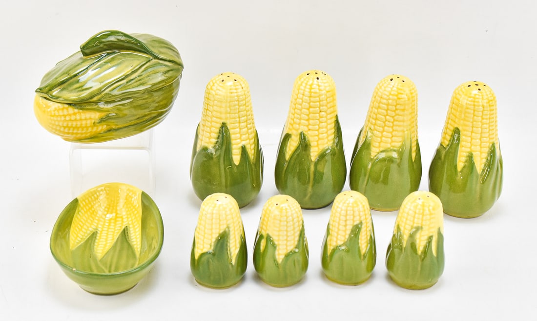 SHAWNEE CORN KING COLLECTION: A circa 1930s-40s Shawnee Corn King collection which includes four sets of salt & pepper shakers, a butter dish and a lidded dish measuring 4" H x 6" W x 4" D.